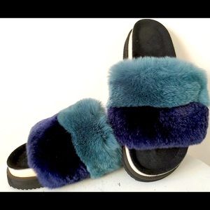 Fluffy Slide Slippers Blue/Teal Fluff 6.5